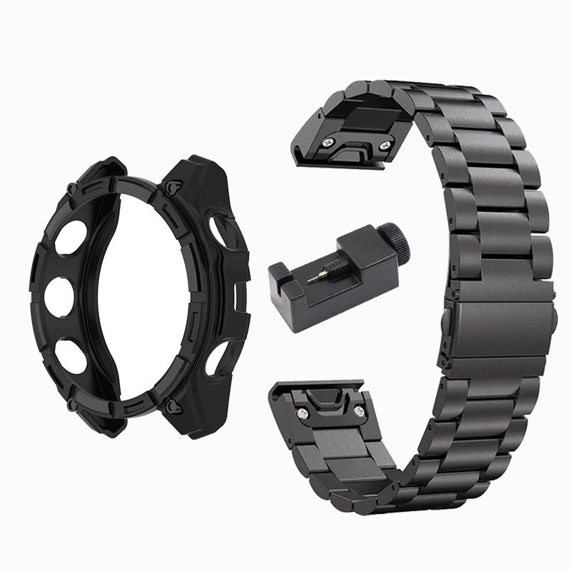 Quickfit Stainless Steel Watch Strap + Protection Case for Garmin Tactix 8 Instinct 3 Descent G2/G1