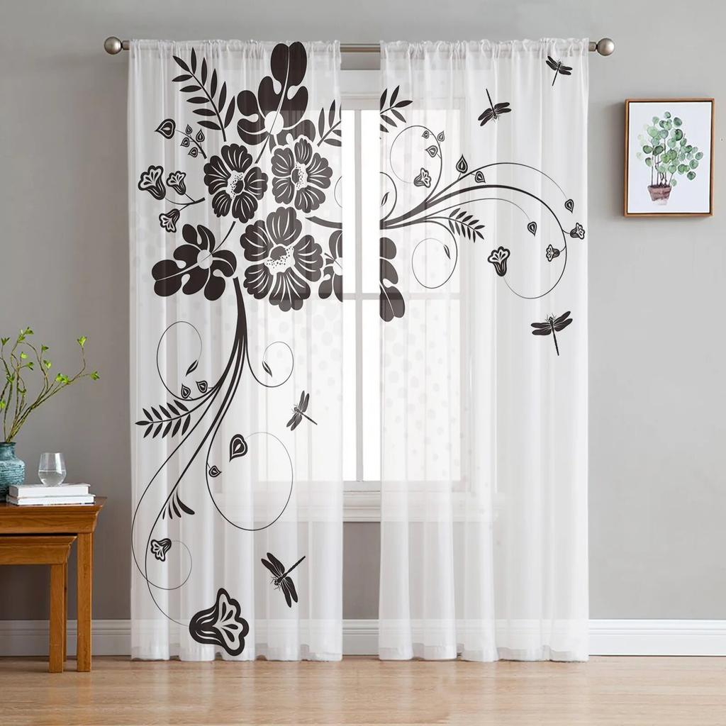 Rideaux en Tulle à motif de Branches de libellule, rideau transparent suspendu pour chambre de garçons et filles, salon et cuisine, en gaze