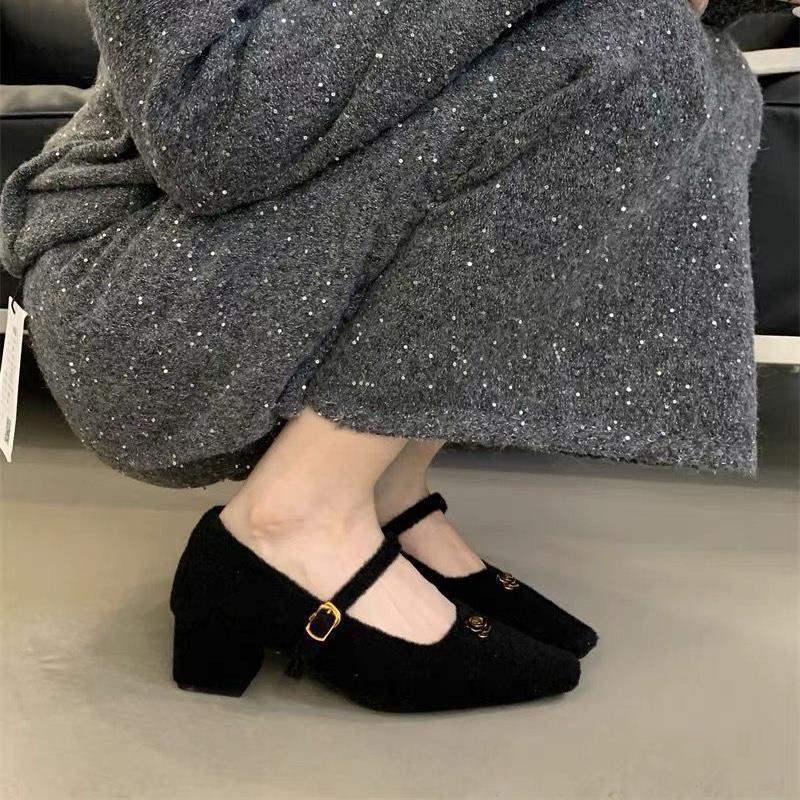 Square Head Thick Heel Fluffy Shoes Women Wear Autumn and Winter New Gentle Fairy Mary Jane Single Shoes French Evening High Heels