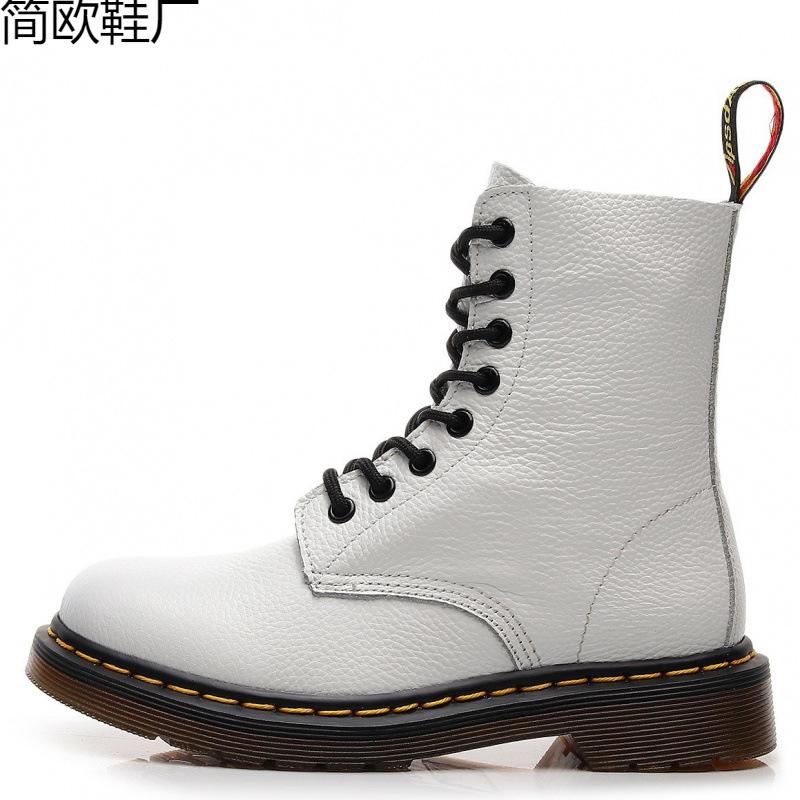 Lychee Pattern Tooling Boots Women's Head Layer Soft Cowhide Pure Black Short Boots British Leather Locomotive Boots