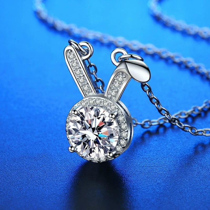 S925 Sterling Silver Moissanite Rabbit Ear Pendant Necklace for Women - Cute Douyin-Inspired Style