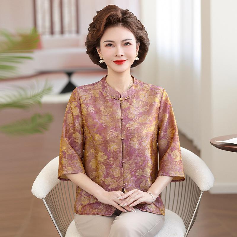 Mom's Summer Seven-Sleeve Loose-Fit Printed Shirt for Middle-Aged Women, Imitation Silk