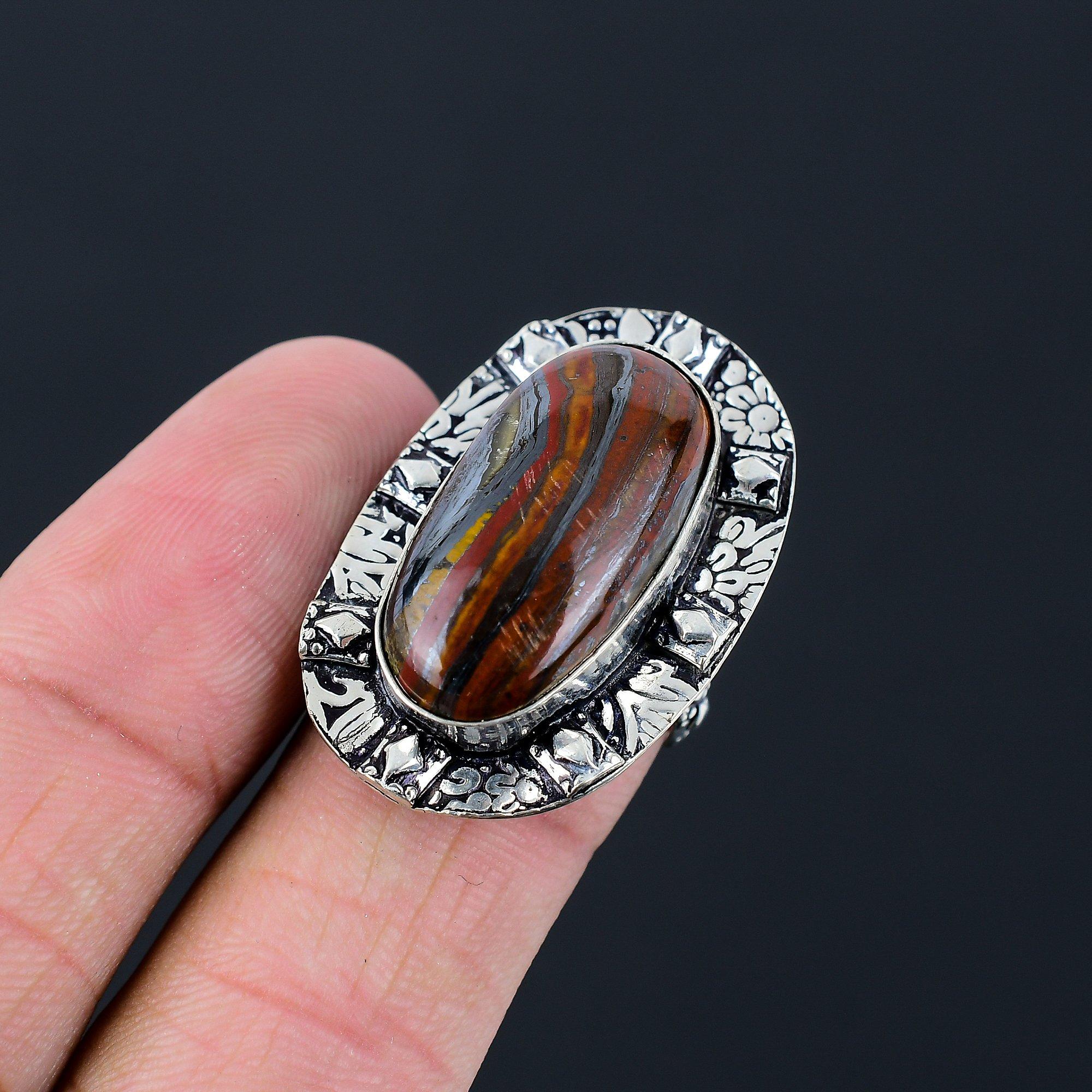 Gift For Her Natural Iron Iron Tiger Eye Solitaire Ring Size 7.5 925 Silver 7.5