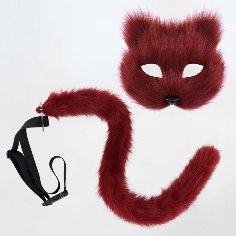 Handmade Plush Cat Mask Tail Set Cosplay Costume Party Dress Up Accessory