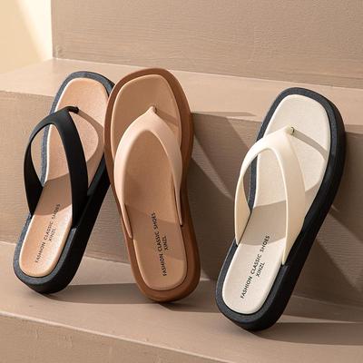 Classic Black White Mixed Color Platform Flip Flops Women Thick Bottom Thong Slippers PU Leather Jandal Sandals Women Seaside Beach Sandals Summer