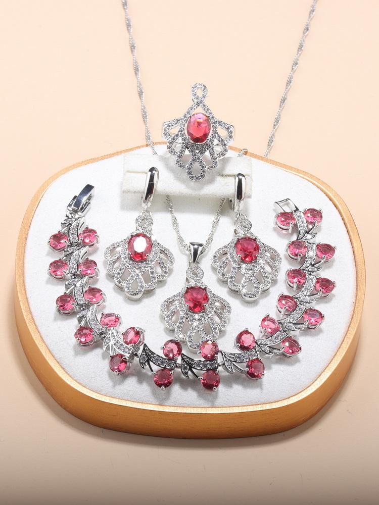 Original Design Rose Red Big Jewelry Hight Quality Zircon Fashion Accessories 5-Piece Sets Women Wedding-Party Costume