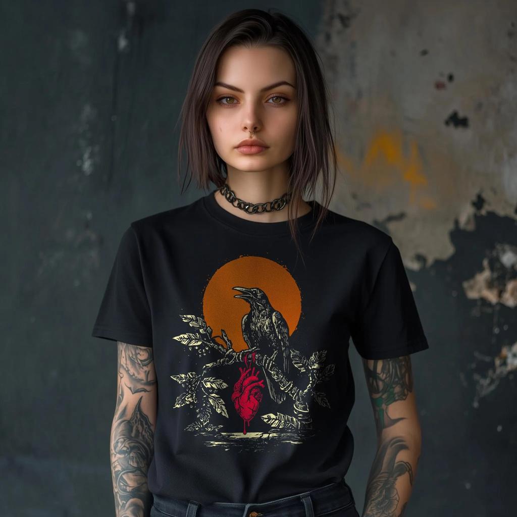 Dark Style Bleeding Dawn Tee  Heart  Crow  Raven Summer Mens and Womens Loose and Breathable Tshirt Top