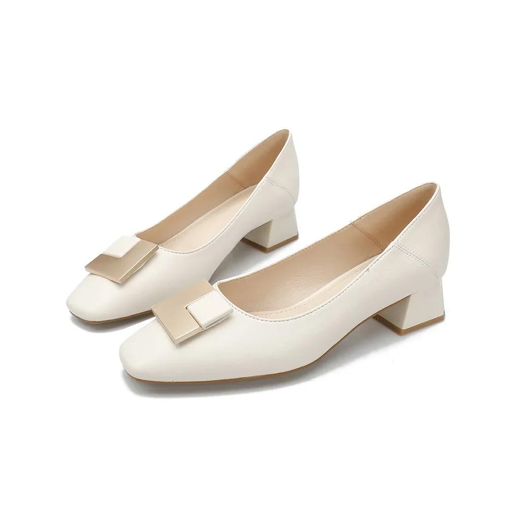 Fashion Medium Heel Single Shoes Women's Thick Heel Temperament Spring 2025 New Shallow French Soft Leather Square Head Shoes