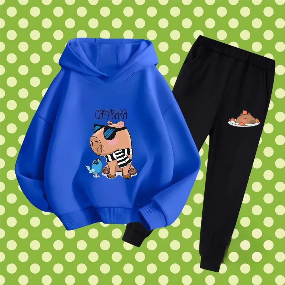 Autumn Winter New Capybara Cartoon Print Outfit Kids Hoodie Set Boys Girls 3-17 Casual Fashion Children's Set Trousers Pant Suit