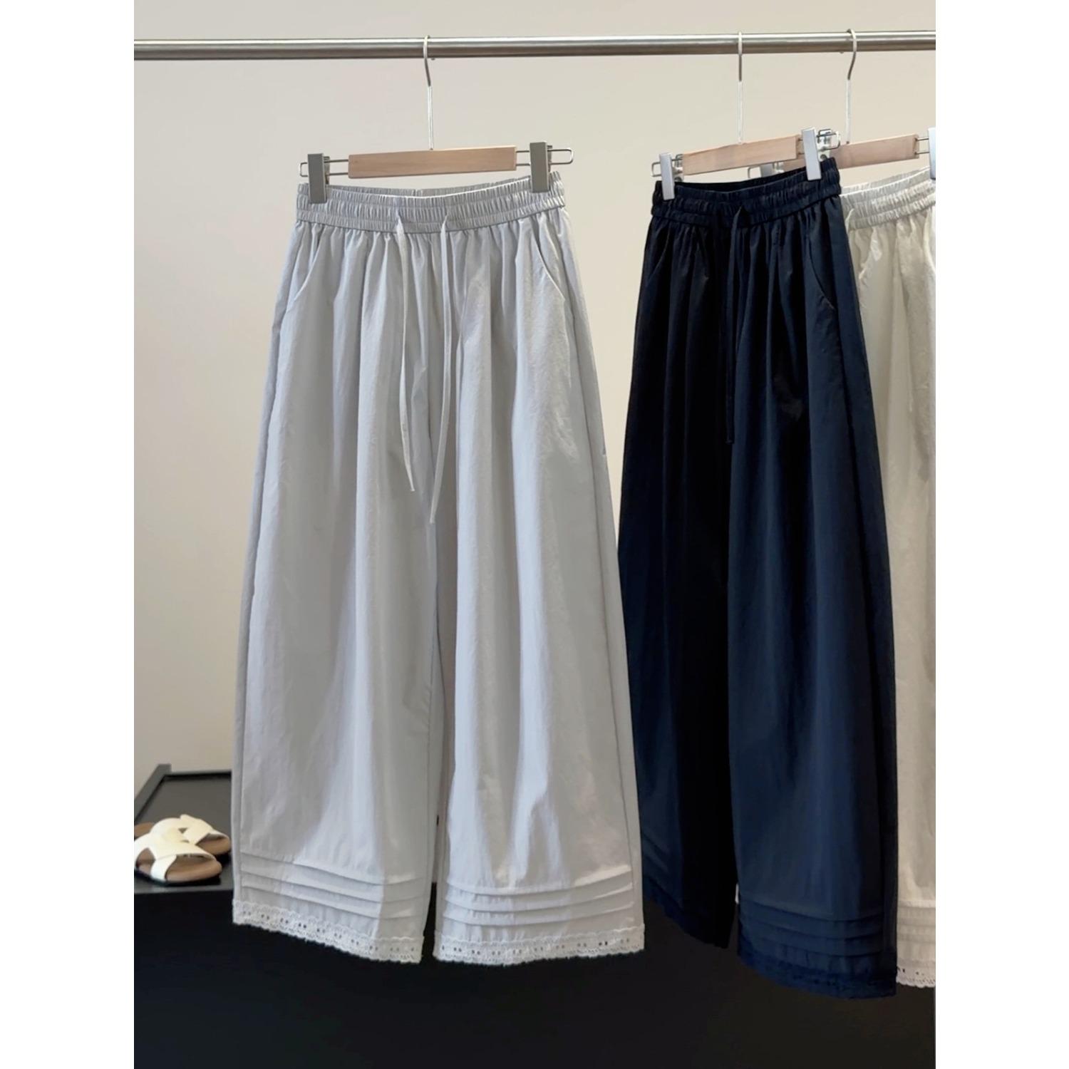 Women s High Waist Wide Leg Pants Cropped Lace Patchwork Casual Trousers Bottoms M