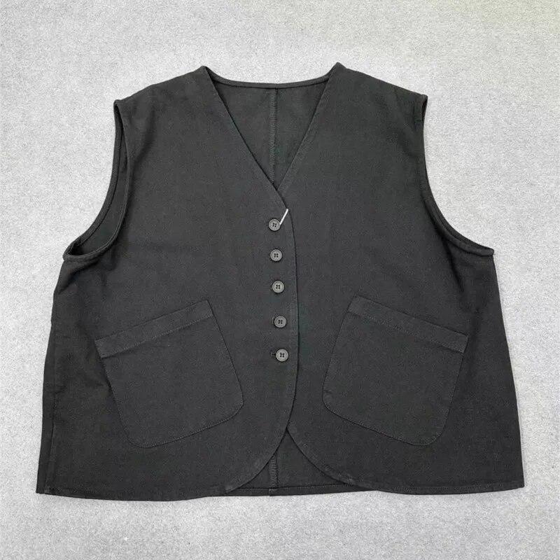 Johnature Spring Loose Vests Women Casual Workwear Sleeveless Top V-neck Cardigan Layered Cotton Coats