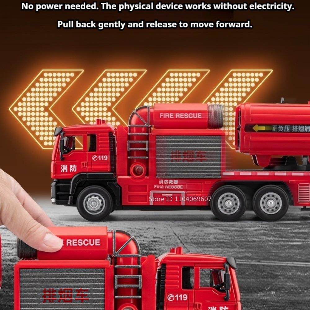1:50 Scale Smoke Exhaust Fire Truck Model Toys Metal Diecast Spray Water Pull Back Sound Light Rubber Tires Boys Educational Toy