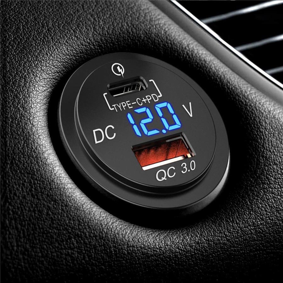 12V 24V USB Type-C Cell Phone Charger with Digital Voltage Gauge Car Boot ATV 1x