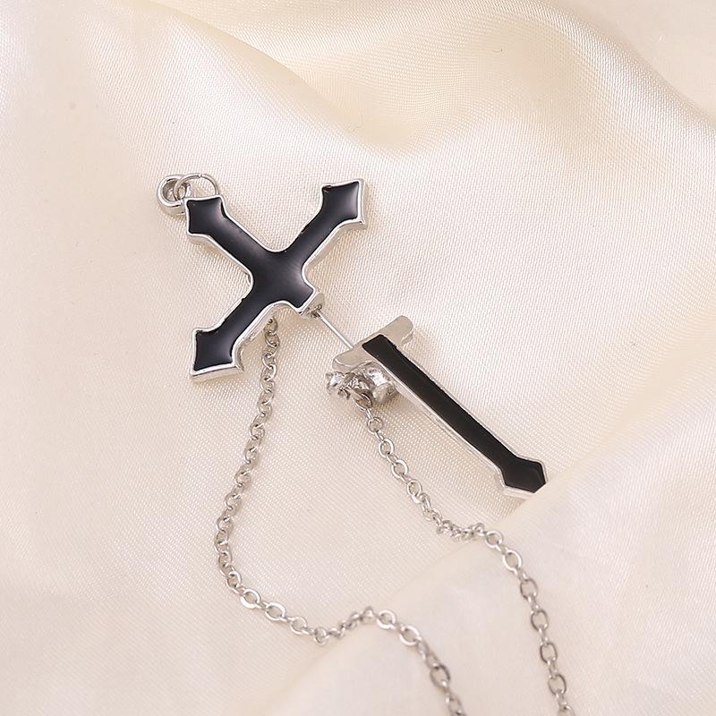 Punk Gothic Black Cross Drop Earrings for Women Teens Vintage Rock Sliver Color Long Chain Hanging Earrings Party Zircon Gifts
