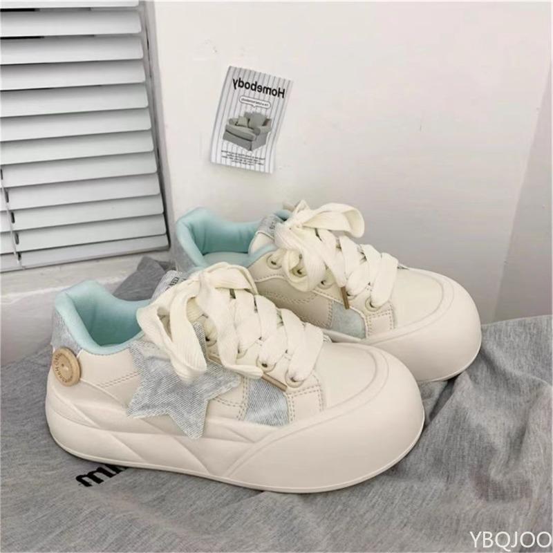 Round toe thick soled white shoes for women versatile in spring summer simple comfortable casual non slip shoes for daily wear