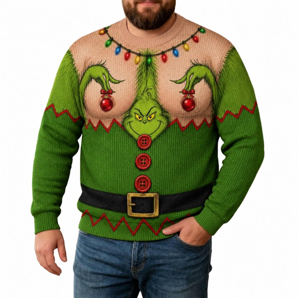 Men's Christmas Print Round Neck Knit Sweater Long Sleeve Pullover for Fall Winter
