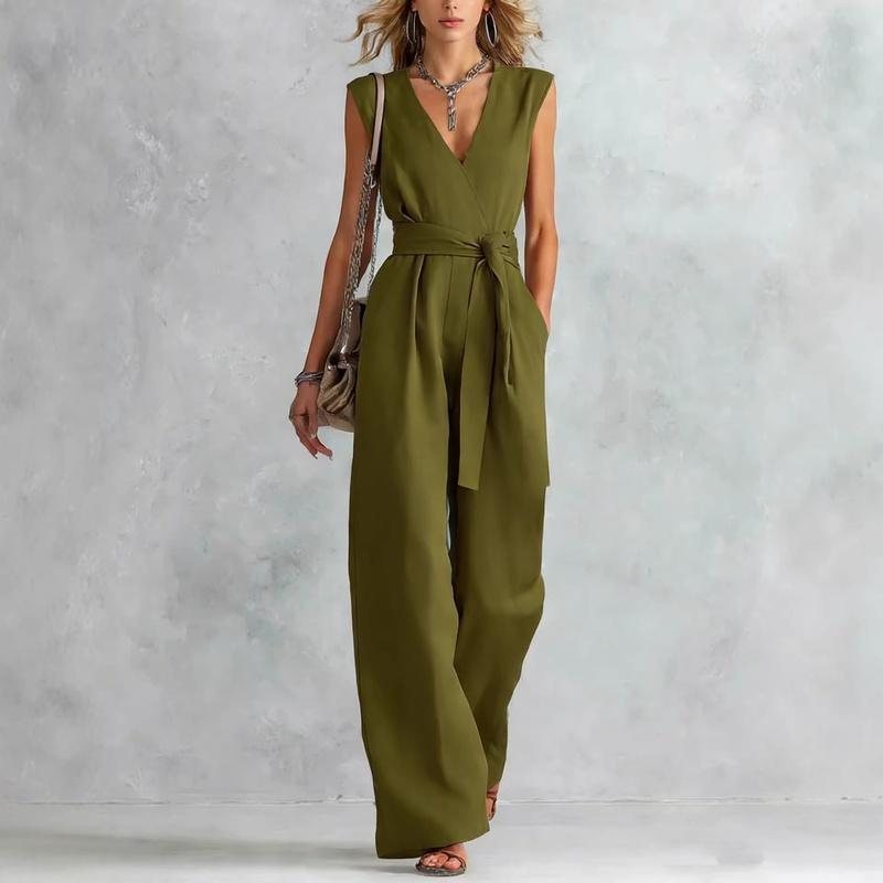 Spring and Summer European Style Women Clothing V-Neck Sleeveless Jumpsuit