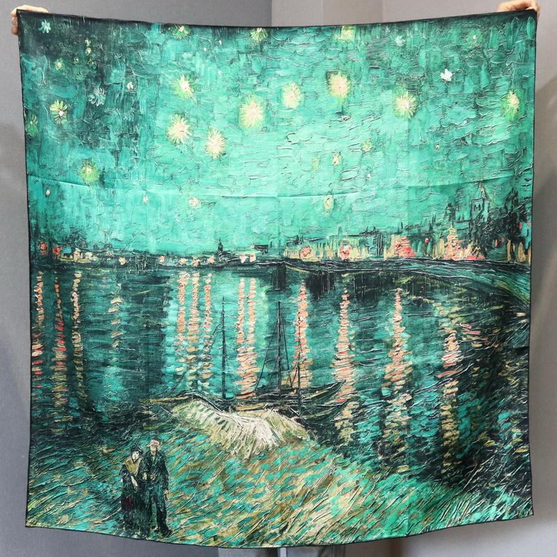 Rhone River Starry Sky Oil Painting Double-sided Flower Dill Jacquard Oil Painting Style High-end Silk Large Square Scarf Scarf Silk Shawl 110*110CM