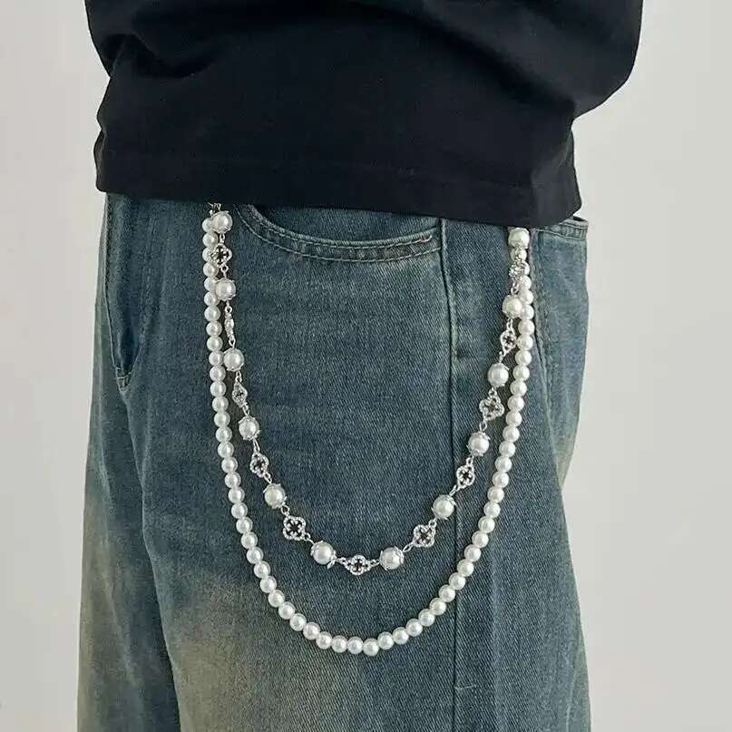 IngeSight.Z Exquisite mitation Pearl Rhinestone Flower Jeans Pants Chain Men 2026 New Gold Color WalletKey Chain Hip Hop Jewelry