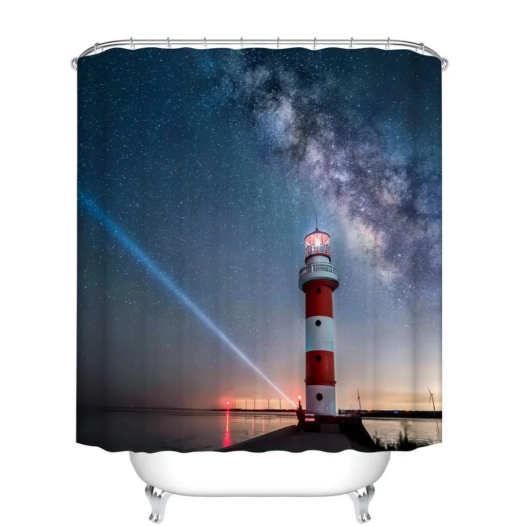 Seascape Wall Decor Portland Head Lighthouse Shower Curtain Landscape Artwork Tropical Ocean Art Curtain For Bathroom With Hooks