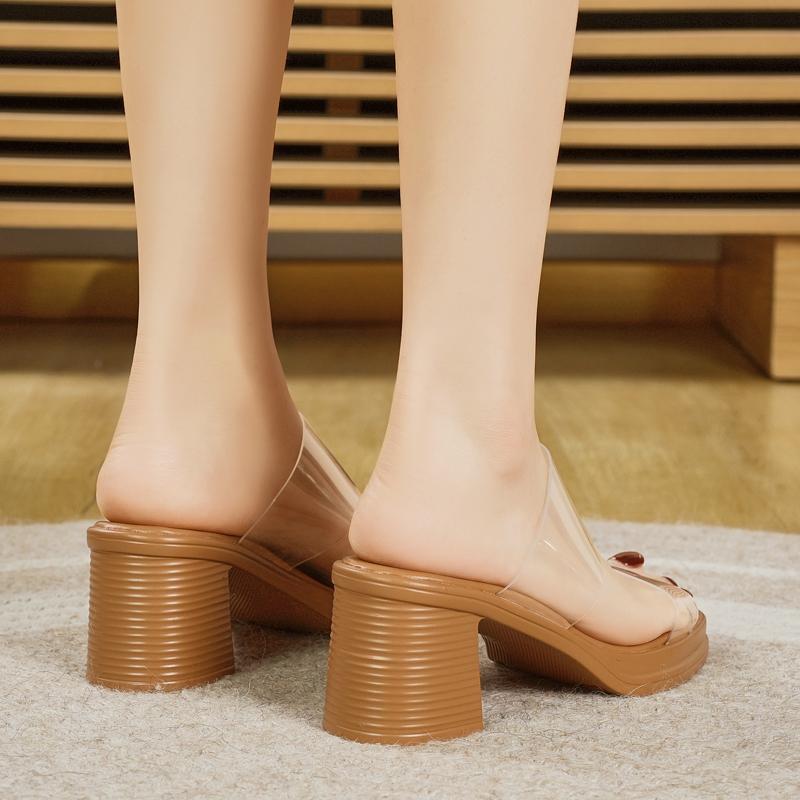 Fashion Women's 2025 Summer Newest Style Fashion Thick Heel Women Slippers Transparent Mid-heel Female Sandals