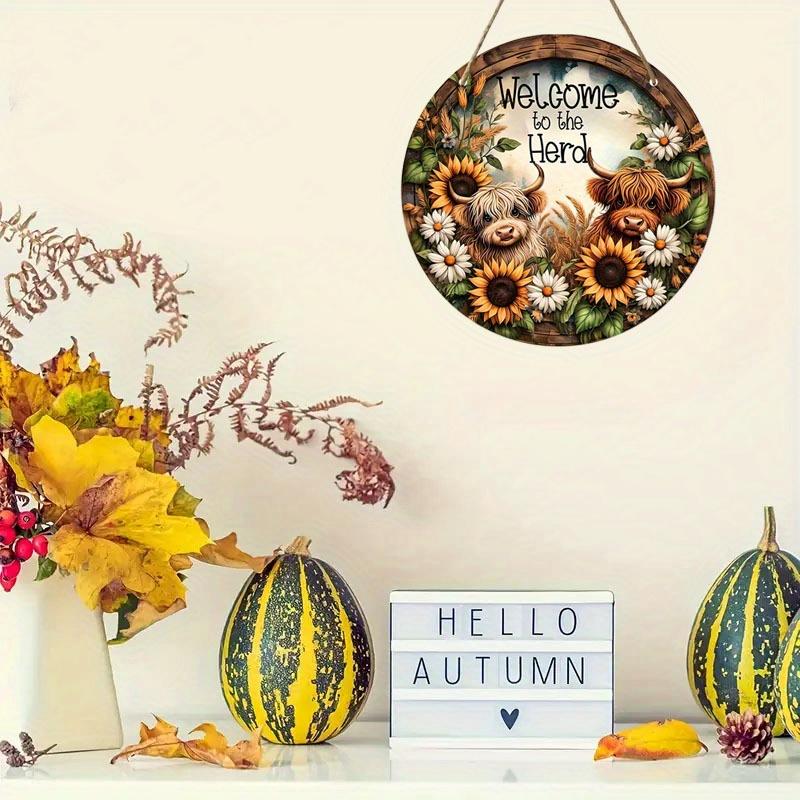 "Welcome To The Herd" Rustic Wooden Hanging Plaque with Curly Highland Cows & Sunflowers - Classic Farmhouse Wall Decor Sign for Door, Wall, Home Room