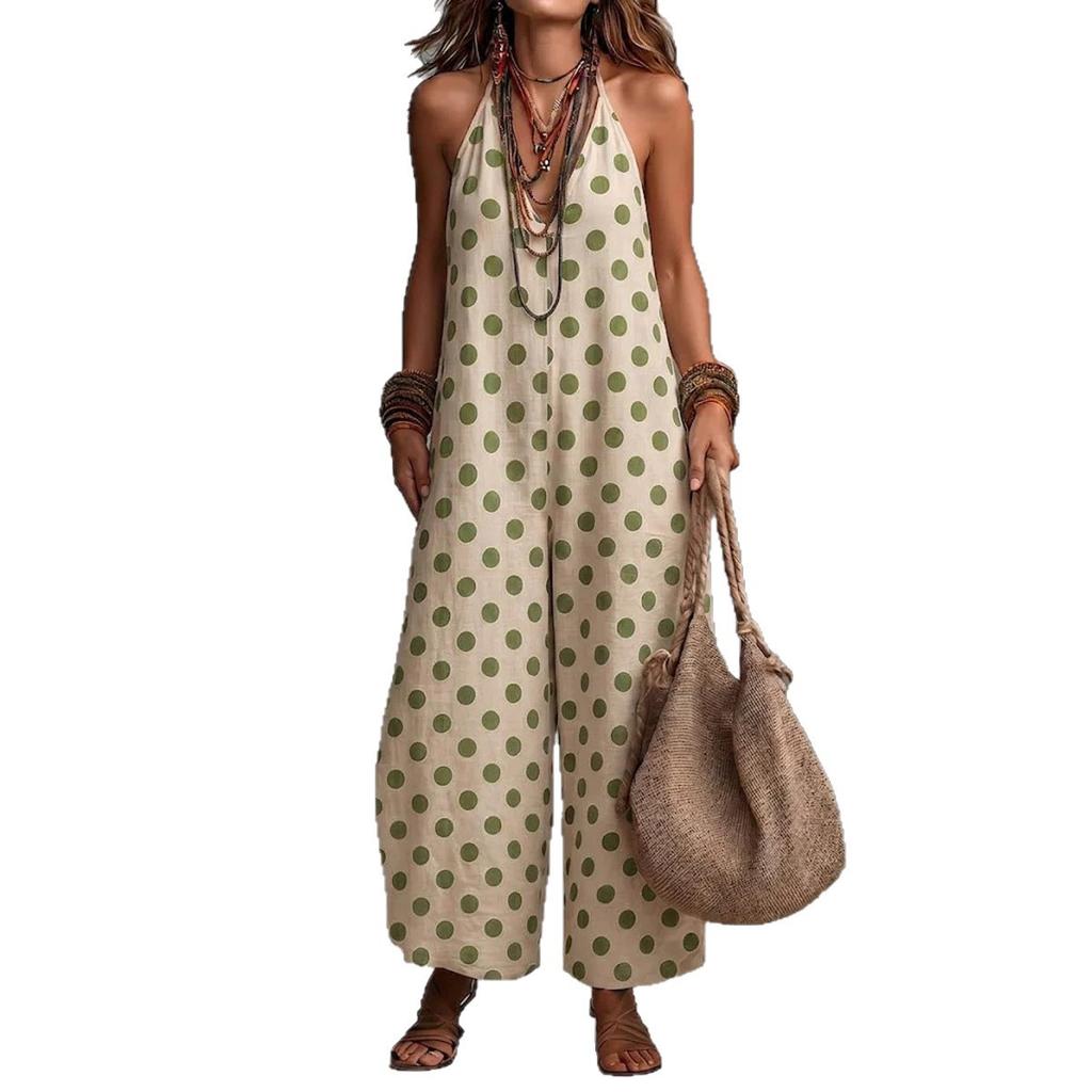 2026 European and American New Summer Cross-border Retro Polka Dot V-neck Loose Polka Dot Jumpsuit Sleeveless Straight Jumpsuit