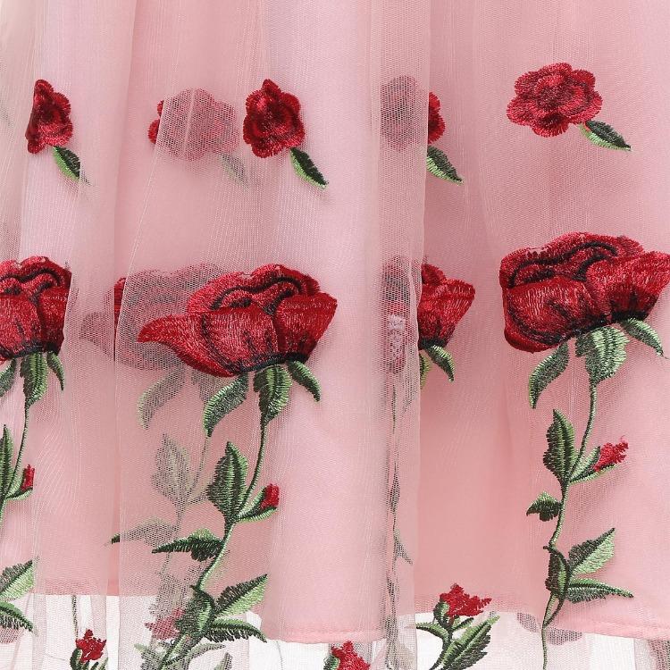 Rotes Rose Besticktes Midi-Ballkleid für Damen Hochzeitsgast Brautjungfer Cocktail-Abendparty Netz Tüll 3/4 Ärmel Formelles Anlass Outfit