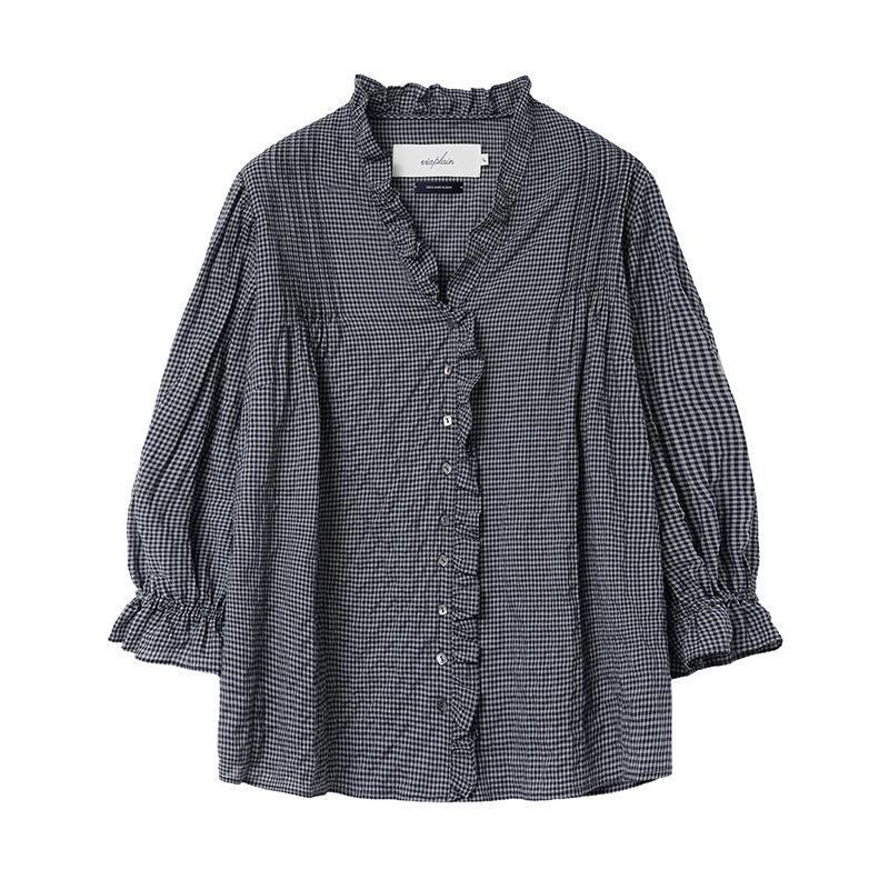 Viaplain Women s Retro Plaid Ruffle V-Neck Shirt One Size
