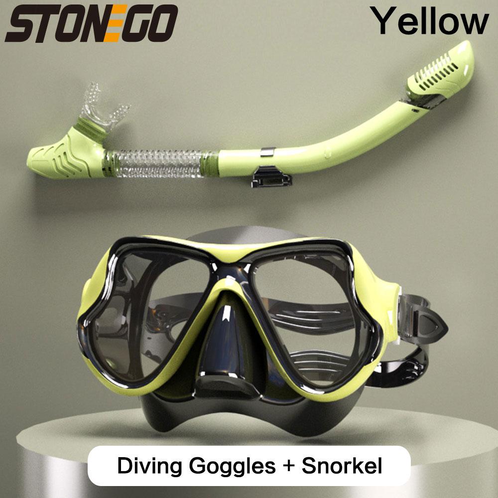 Snorkelling Gear Set Diving Mask Snorkel Set with Large Frame Silicone Skirt Anti Fog Tempered Glass Lens Full Dry Top Snorkel with Splash Guard