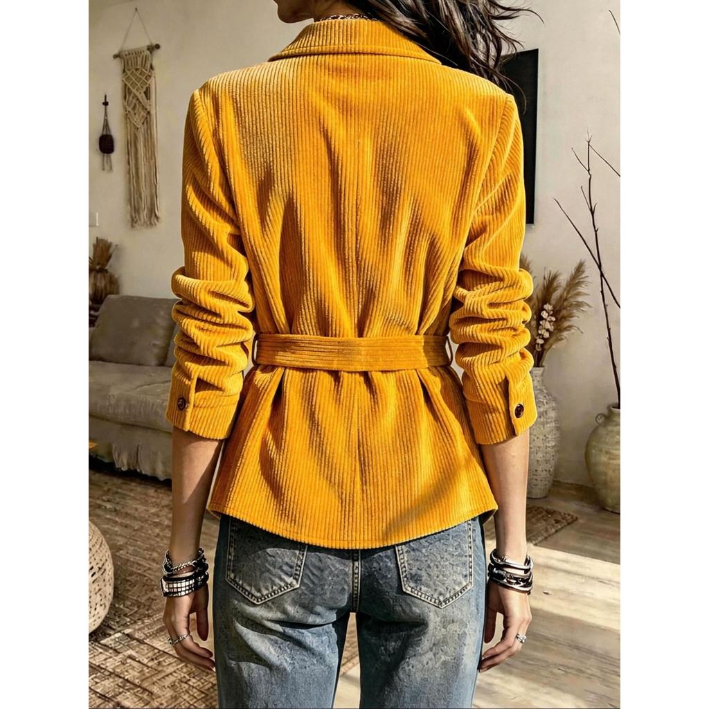 Autumn Winter Women's Corduroy Blazer Collar Solid Color Long Sleeve Coat With Belt, Casual Outerwear For Women
