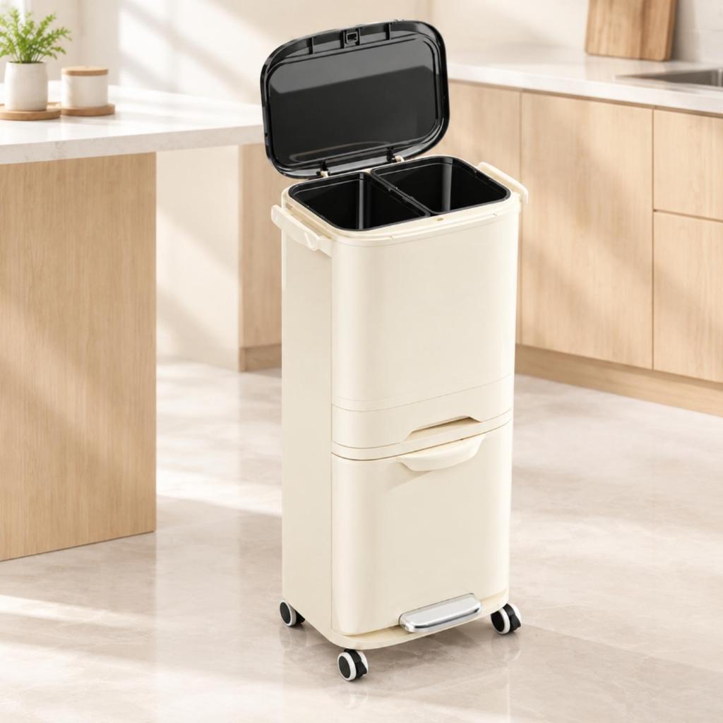 Tiered Kitchen Waste Bin with Pullout Drawer OdorReducing Rolling TwopartCompartment Trash Can