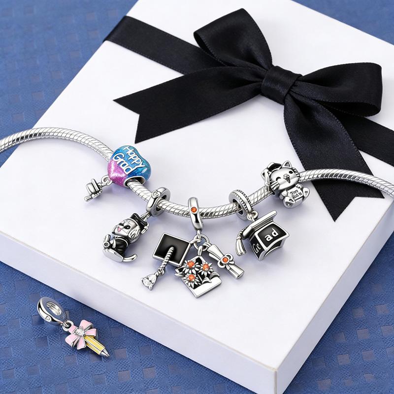 Charms 925 Silver Happy Graduation Series Bachelor's Cap Floral Charm Beaded Pendant Fit Bracelet Necklace Jewelry Gift