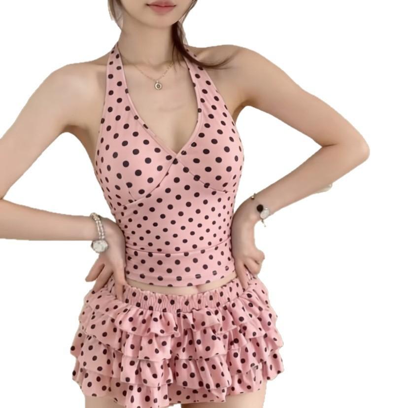 [Dry Rose] Polka Dot Millennium Sweet Spice Girl Wind Belly Skinny Cake Skirt Hot Spring Resort Split Swimsuit Women