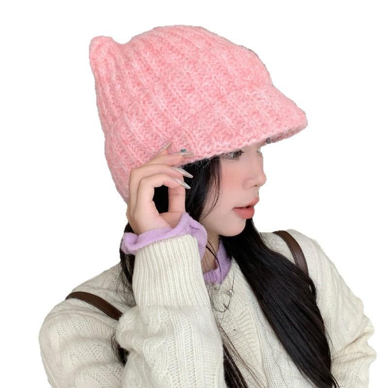 Autumn and Winter Hats Women's Big Head Circumference Knitted Wool Hats Cat Ears Cute Ear Protectors Cold Hats Fleece Thermal Hats