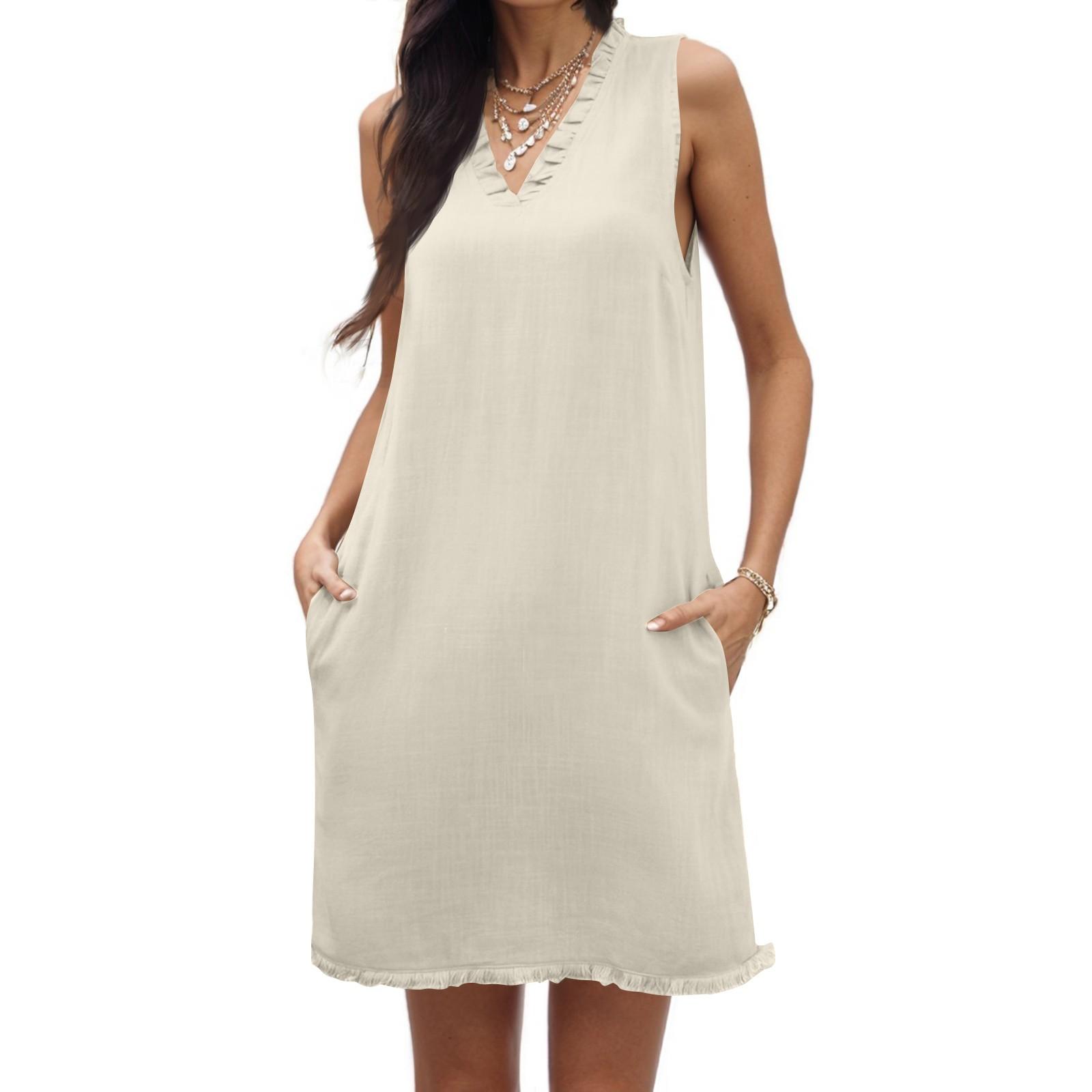 

Women s Summer Dress Casual Sleeveless Ruffle Deep V Tie Pocket Dress L бежевий