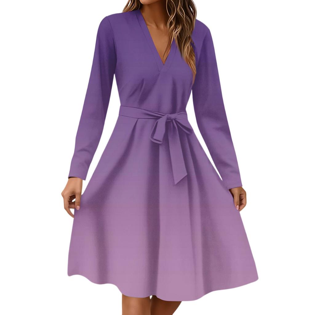Women's Fashion Casual V-Neck Long Sleeve Waist Floral Print Midi Dress
