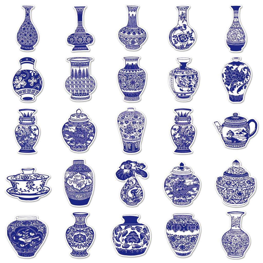 50 Chinese Style Blue & White Porcelain Stickers - Waterproof Graffiti Decoration for Journals & Cups