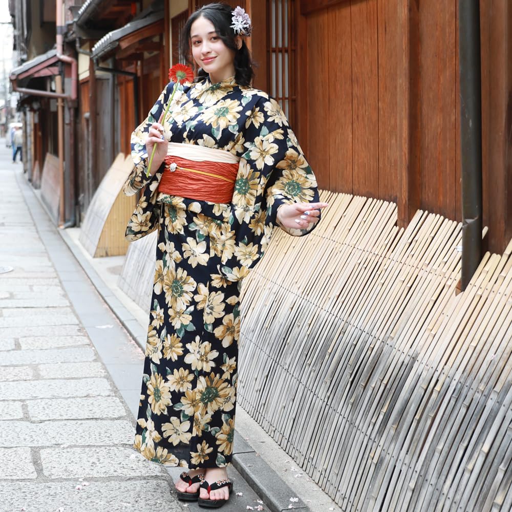 Adult Yukata Set Your Set with Heko Obi Beige Sunflowers on a Dark Navy (Choose Own) Two-Piece (Size L, 4. Background)