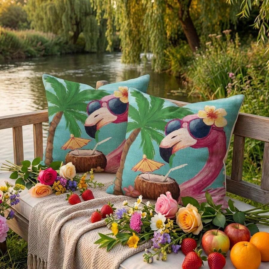 1Pc Funny Flamingo Tropical Throw Pillow Cover, 2D Double-Sided Print Soft Polyester Cushion Case For Home Sofa Bedroom Car Deco
