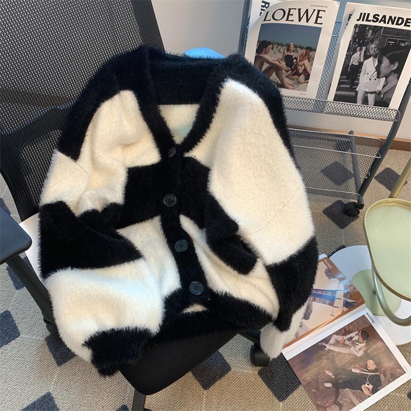 

Винтажный полосатый вязаный кардиган, женский свитер большого размера в стиле Харадзюку, свободные повседневные универсальные топы в стиле ретро с v-образным вырезом High Street L чёрный