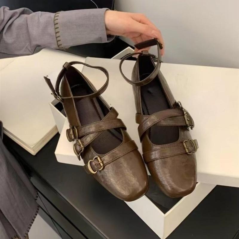 

Fashion New Spring and Summer Mary Jane Shoes Women s Square Toe Shallow Mouth Outside Cross Buckle Flat Single Shoes 40