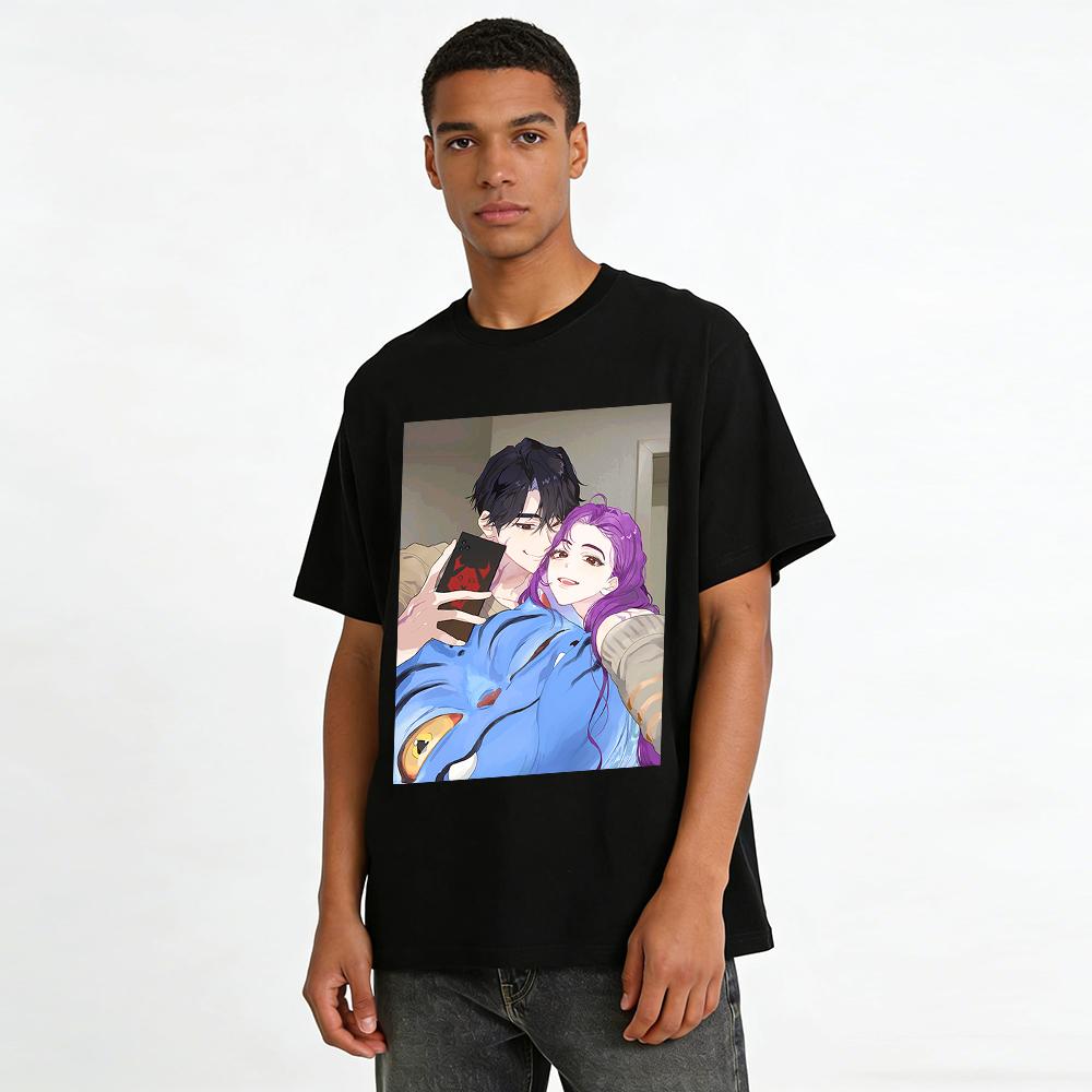 Dark Style Funny Couple Selfie Print T-shirt Trendy Cool Street Style Loose Casual Unisex Top Pure cotton T-shirt
