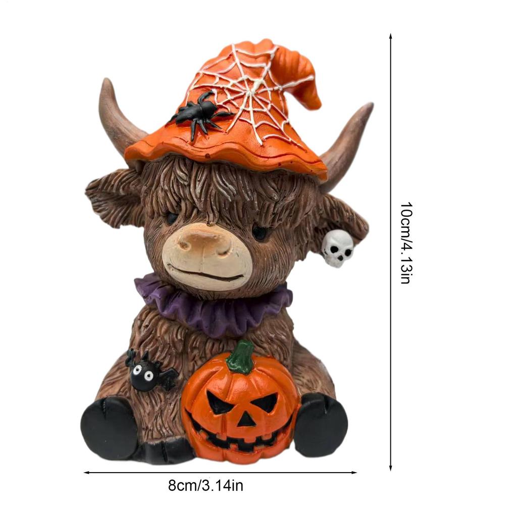 Halloween Highland Cattle Statue Resin Figurine Brown Cattle Statue Spider Pumpkin Highland Cow Figurines Table Shelf Decor