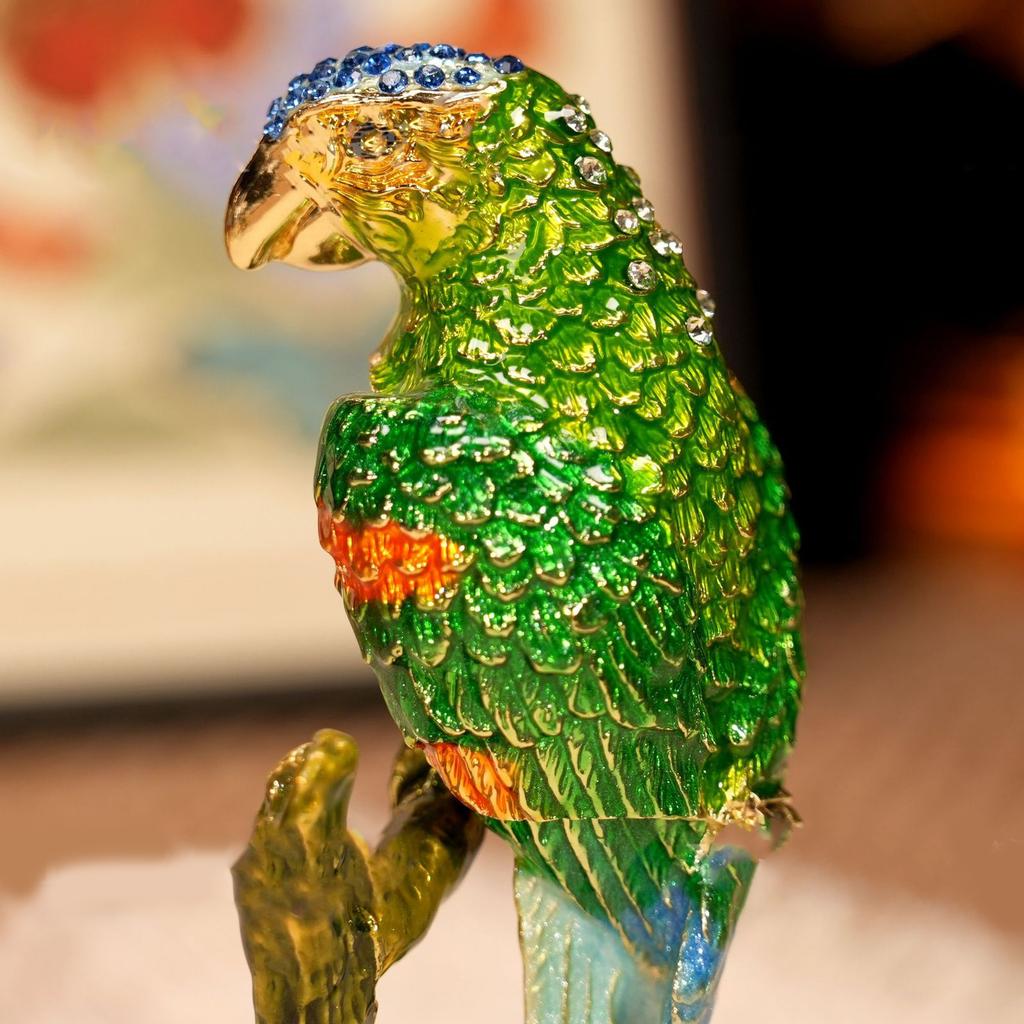 Vintage Styles Parrots Jewelry Case With Colorful Enameled Finish And Portable Desktop Size