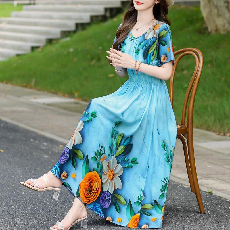 Elegantes Damenkleid Sommer Vintage Kleidung Lässig Kurzarm Lange Kleider