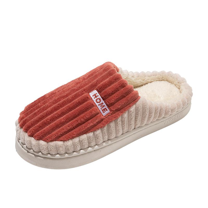 Cotton slippers autumn and winter home thick bottom non-slip velvet warm two-color splicing vertical strip couple cotton slippers