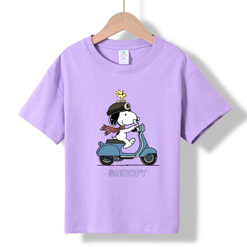 

MC-80 MINISO 2026 Summer Kids 100% Cotton Snoopy Scooter T-Shirt Peanuts Cartoon Woodstock Short Sleeve Tee for Boys & Girls 150