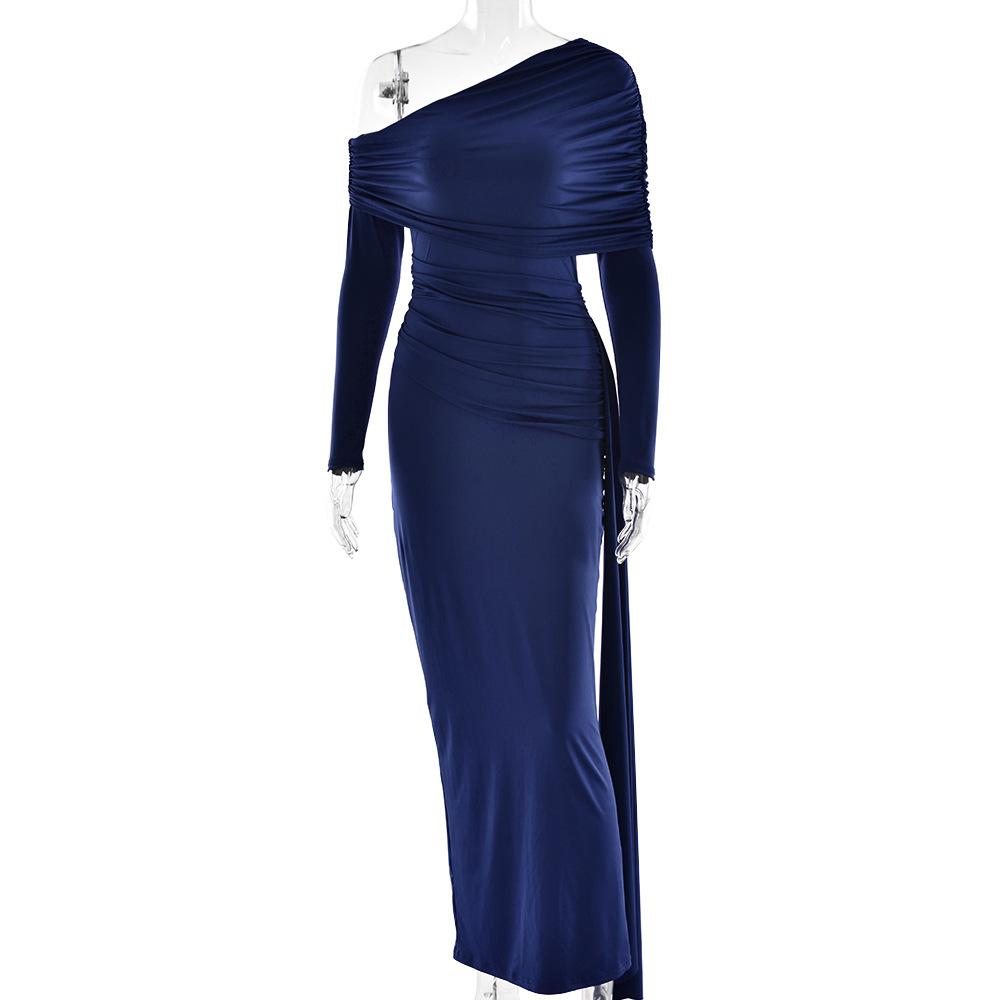 Women's One Shoulder Long Sleeve Maxi Dress Fitted High Waist Ruched Drape Sash Bodycon Evening Gown