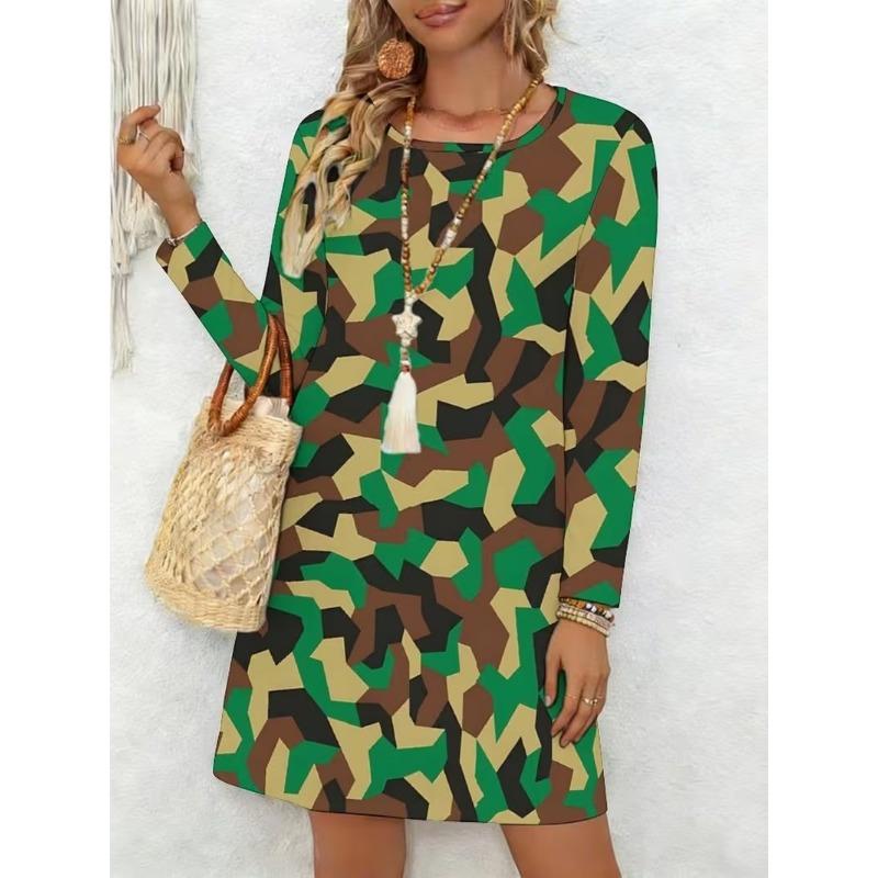 Ladies' Long Sleeved Round Neck Casual Mini Dress, 3D Retro Camouflage Printed Casual Vacation Dress
